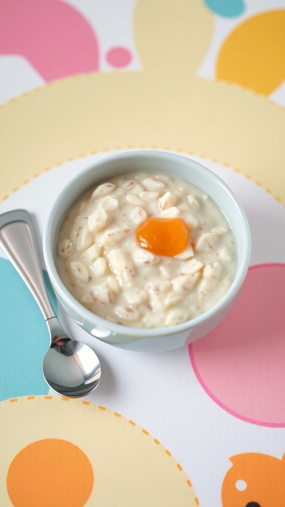 A bowl of smooth baby oatmeal with fruit puree, ready for a baby to eat, on a colorful mat.